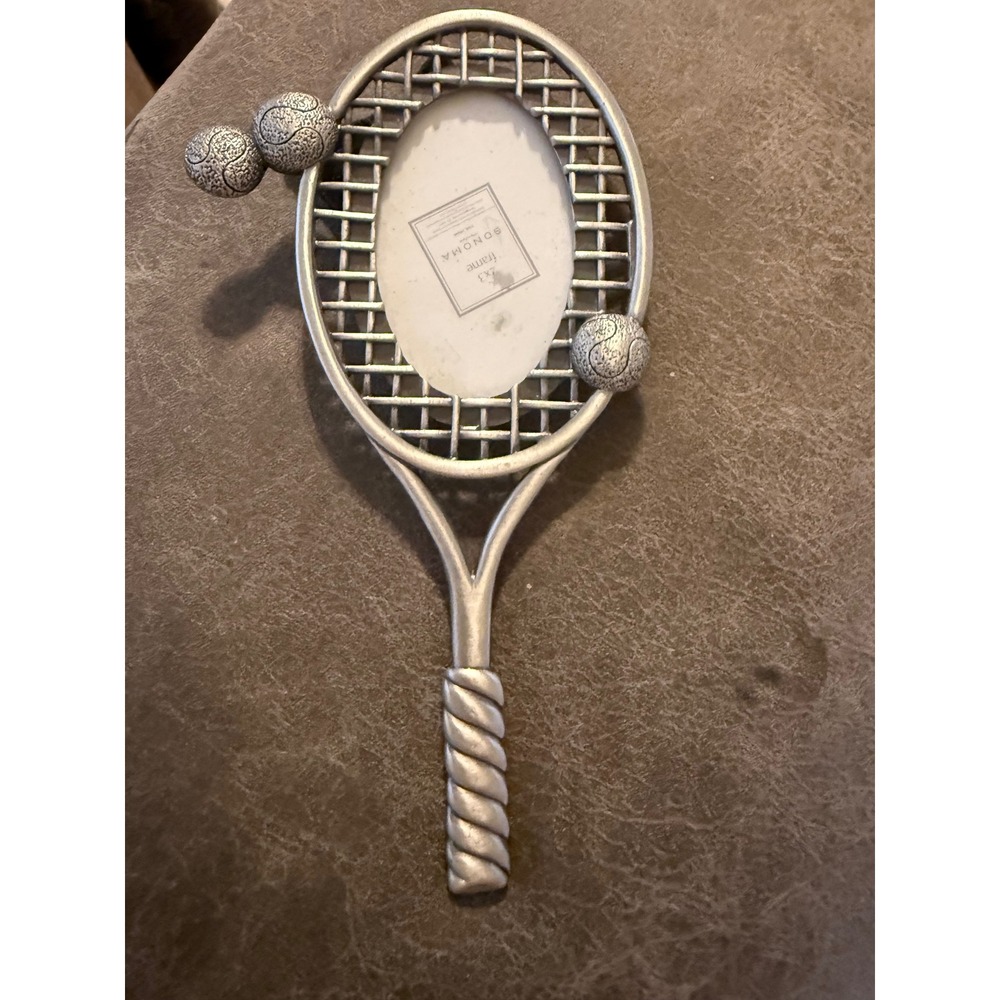 NWOT Sonoma  Tennis Racket Picture Frame Silver Pewter Tone 2x3 Novelty Gift